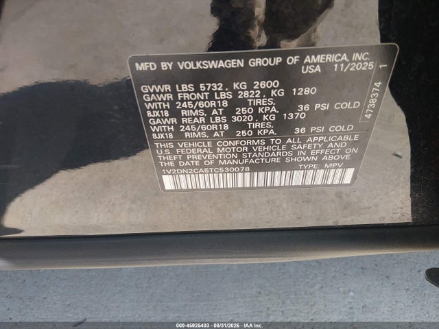Продажа на аукционе авто 2026 Volkswagen Atlas Se, vin: 1V2DN2CA5TC530078, номер лота: 45925403