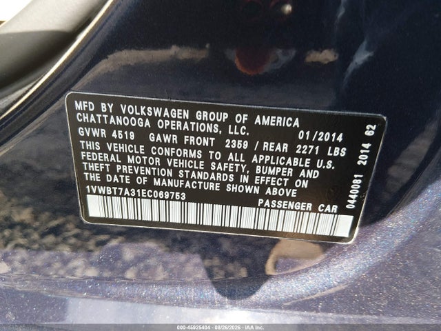 Продаж на аукціоні авто 2014 Volkswagen Passat 1.8t Se, vin: 1VWBT7A31EC069753, номер лоту: 45925404
