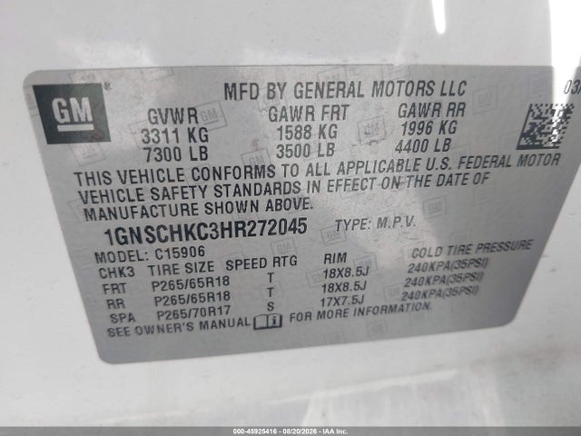 45925416 :رقم المزاد ، 1GNSCHKC3HR272045 vin ، 2017 Chevrolet Suburban Lt مزاد بيع