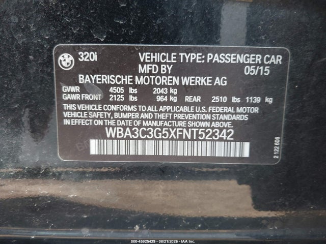Aukcja sprzedaży 2015 Bmw 320i Xdrive, vin: WBA3C3G5XFNT52342, numer aukcji: 45925429