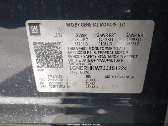 Auction sale of the 2018 Chevrolet Traverse Lt Leather, vin: 1GNERHKW7JJ151724, lot number: 45925431
