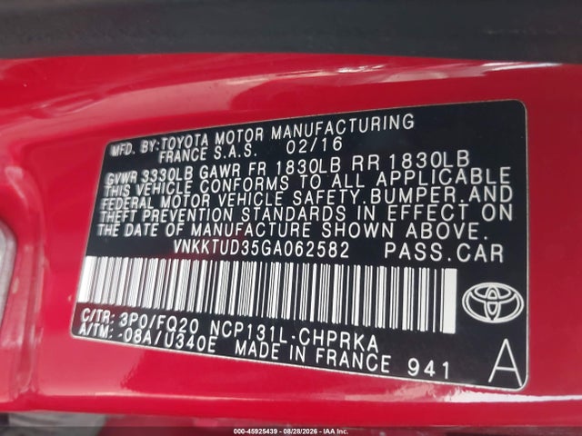 VNKKTUD35GA062582 Toyota YARIS L