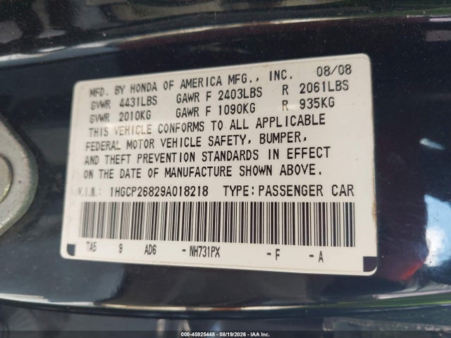 2009 Honda Accord 2.4 Ex-l მანქანა იყიდება აუქციონზე, vin: 1HGCP26829A018218, აუქციონის ნომერი: 45925448