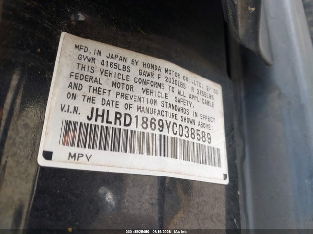 45925450 :رقم المزاد ، JHLRD1869YC038589 vin ، 2000 Honda Cr-v Ex مزاد بيع