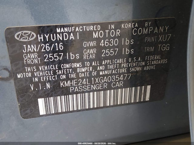 Продаж на аукціоні авто 2016 Hyundai Sonata Hybrid Se, vin: KMHE24L1XGA035477, номер лоту: 45925468
