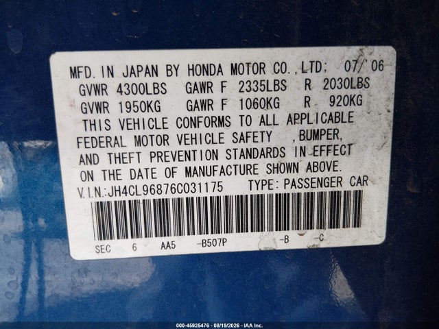 2006 Acura Tsx მანქანა იყიდება აუქციონზე, vin: JH4CL96876C031175, აუქციონის ნომერი: 45925476