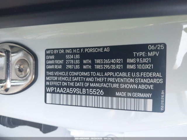 Aukcja sprzedaży 2025 Porsche Macan T, vin: WP1AA2A59SLB15526, numer aukcji: 45925488