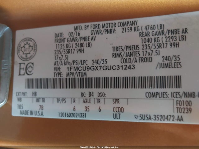 Ford ESCAPE SE 2016 1FMCU9GX7GUC31243 Image 9