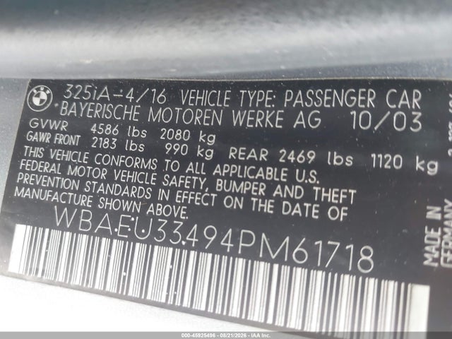 Продаж на аукціоні авто 2004 Bmw 325xi, vin: WBAEU33494PM61718, номер лоту: 45925496