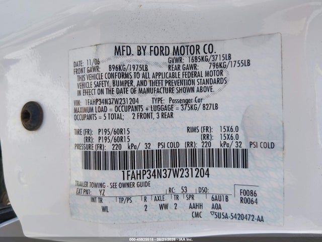 Aukcja sprzedaży 2007 Ford Focus S/se/ses, vin: 1FAHP34N37W231204, numer aukcji: 45925518