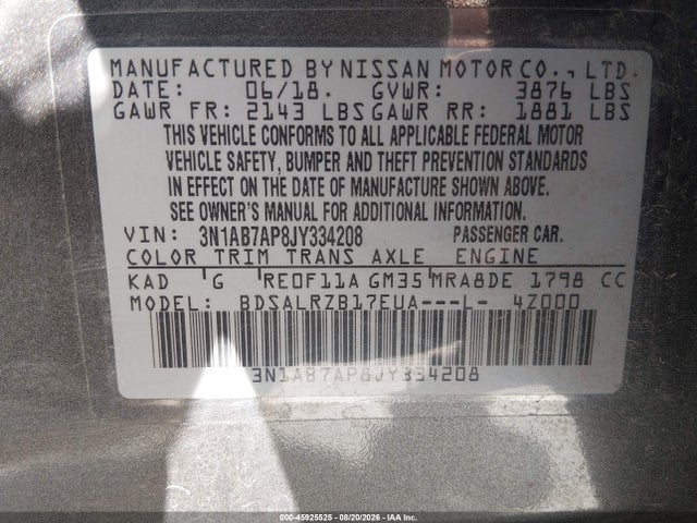 45925525 :رقم المزاد ، 3N1AB7AP8JY334208 vin ، 2018 Nissan Sentra Sr مزاد بيع