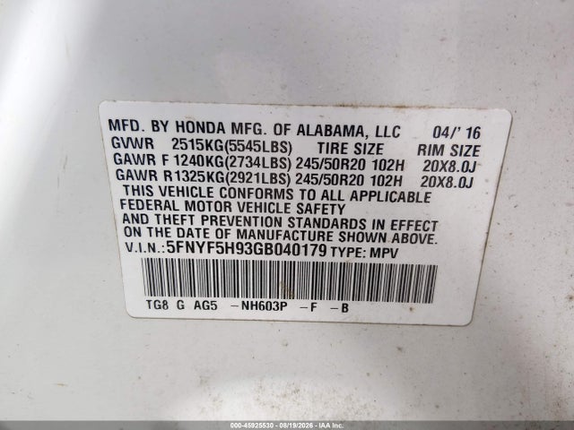Aukcja sprzedaży 2016 Honda Pilot Touring, vin: 5FNYF5H93GB040179, numer aukcji: 45925530