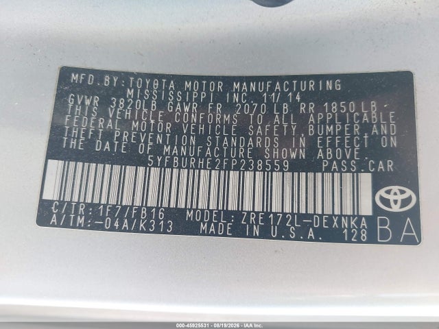 45925531 :رقم المزاد ، 5YFBURHE2FP238559 vin ، 2015 Toyota Corolla Le Plus مزاد بيع