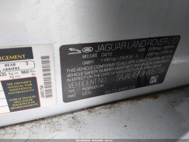 45925546 :رقم المزاد ، SAJAL4BN9HA951154 vin ، 2017 Jaguar Xe 20d R-sport مزاد بيع