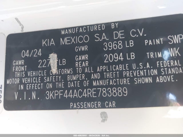 45925551 :رقم المزاد ، 3KPF44AC4RE783889 vin ، 2024 Kia Forte Gt مزاد بيع