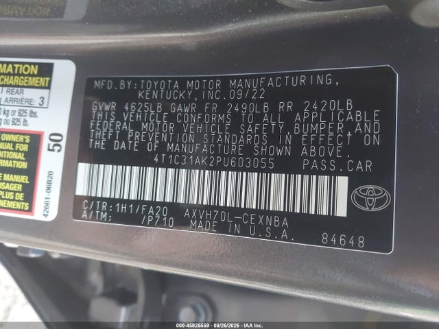 45925559 :رقم المزاد ، 4T1C31AK2PU603055 vin ، 2023 Toyota Camry Le Hybrid مزاد بيع