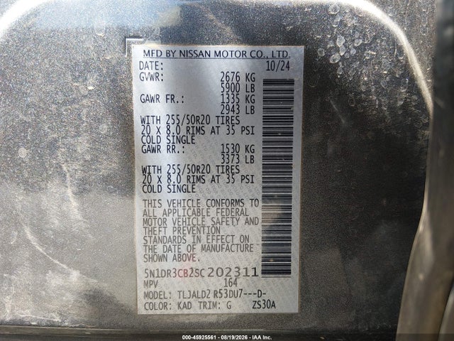 Aukcja sprzedaży 2025 Nissan Pathfinder Sl Fwd, vin: 5N1DR3CB2SC202311, numer aukcji: 45925561