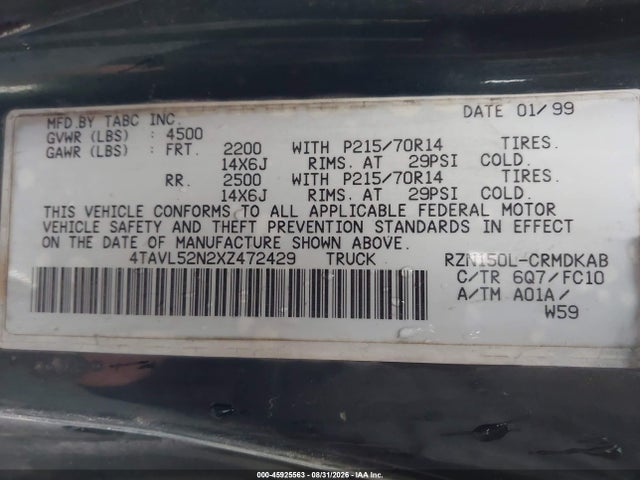 Aukcja sprzedaży 1999 Toyota Tacoma, vin: 4TAVL52N2XZ472429, numer aukcji: 45925563