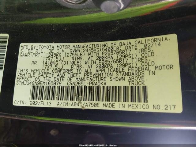 45925585 :رقم المزاد ، 3TMJU4GN9EM165079 vin ، 2014 Toyota Tacoma Prerunner V6 مزاد بيع