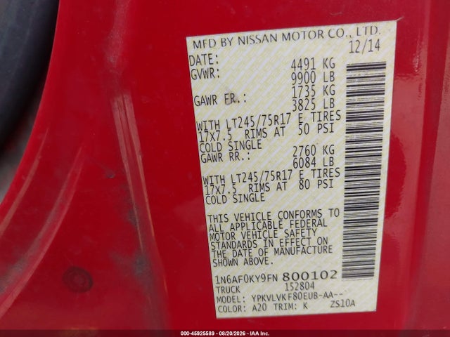 1N6AF0KY9FN800102 Nissan Nv Cargo Nv2500 Hd S V8/sl V8/sv V8
