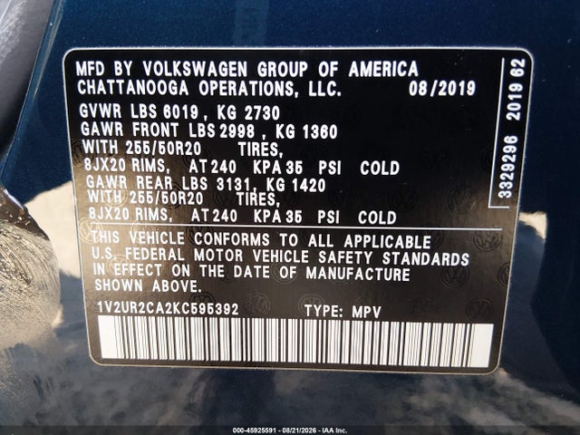 45925591 :رقم المزاد ، 1V2UR2CA2KC595392 vin ، 2019 Volkswagen Atlas 3.6l V6 Se W/technology مزاد بيع