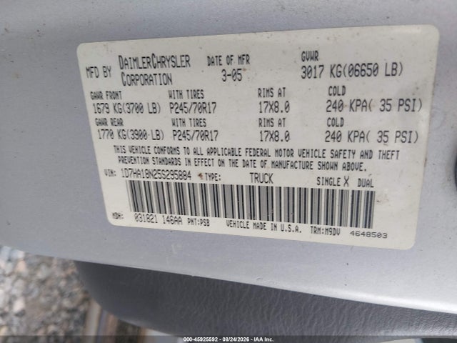Продаж на аукціоні авто 2005 Dodge Ram 1500 Slt/laramie, vin: 1D7HA18N25S295884, номер лоту: 45925592