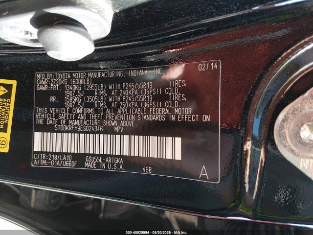 45925594 :رقم المزاد ، 5TDDKRFH9ES024346 vin ، 2014 Toyota Highlander Limited V6 مزاد بيع