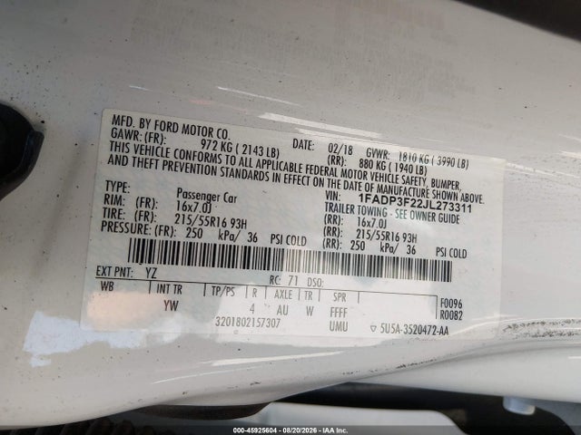 Продажа на аукционе авто 2018 Ford Focus Se, vin: 1FADP3F22JL273311, номер лота: 45925604