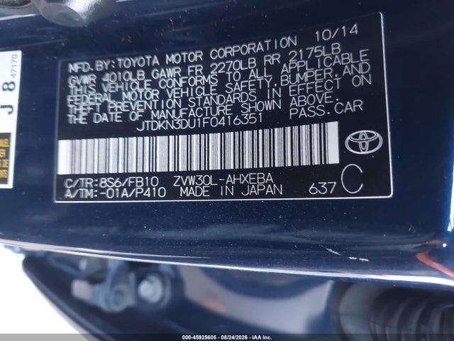 Aukcja sprzedaży 2015 Toyota Prius Three, vin: JTDKN3DU1F0416351, numer aukcji: 45925605