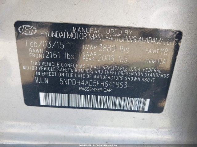 Aukcja sprzedaży 2015 Hyundai Elantra Se, vin: 5NPDH4AE5FH641863, numer aukcji: 45925618