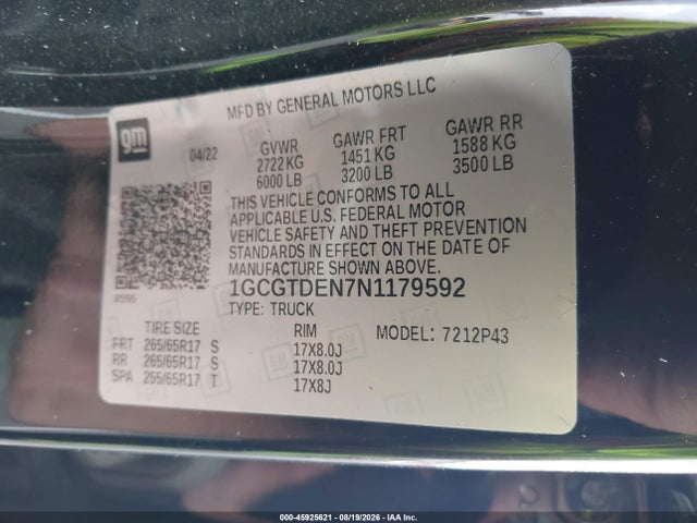 Продажа на аукционе авто 2022 Chevrolet Colorado 4wd  Short Box Z71, vin: 1GCGTDEN7N1179592, номер лота: 45925621