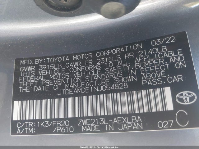 JTDEAMDE1NJ054828 Toyota Corolla Hybrid Le