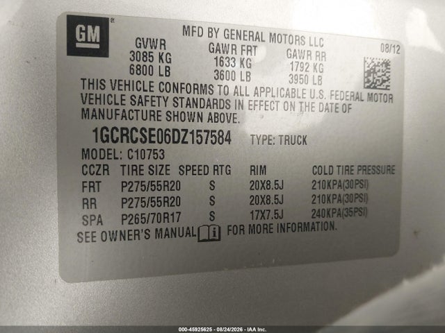 Продажа на аукционе авто 2013 Chevrolet Silverado 1500 Lt, vin: 1GCRCSE06DZ157584, номер лота: 45925625