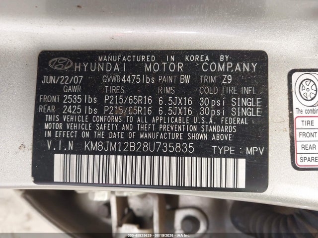 45925629 :رقم المزاد ، KM8JM12B28U735835 vin ، 2008 Hyundai Tucson Gls مزاد بيع