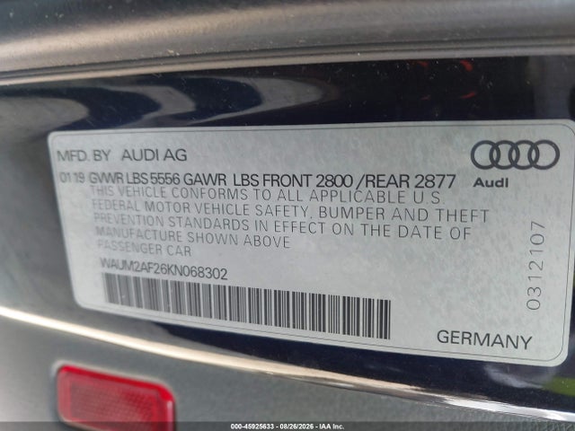 45925633 :رقم المزاد ، WAUM2AF26KN068302 vin ، 2019 Audi A6 55 Premium مزاد بيع