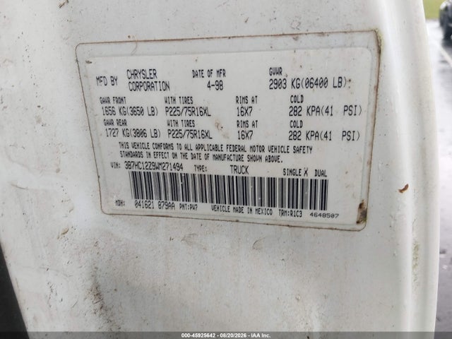 45925642 :رقم المزاد ، 3B7HC12Z9WM271494 vin ، 1998 Dodge Ram 1500 St مزاد بيع