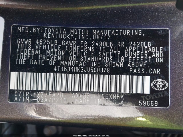 Продажа на аукционе авто 2018 Toyota Camry Hybrid Le, vin: 4T1B31HK3JU500378, номер лота: 45925643