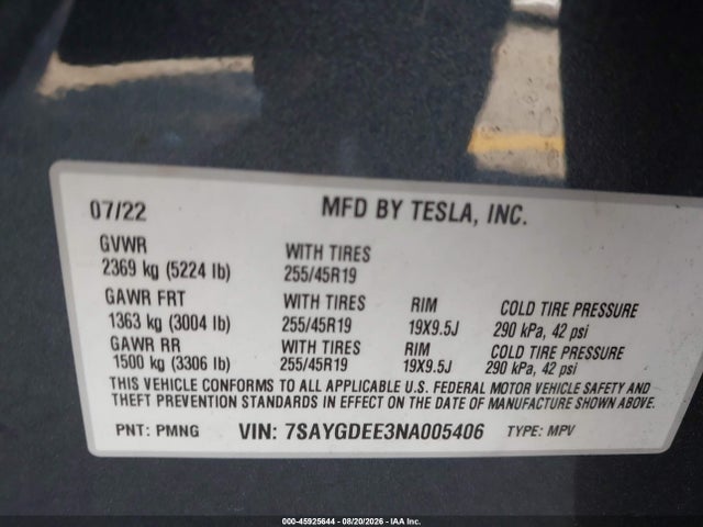 7SAYGDEE3NA005406 Tesla Model Y Long Range Dual Motor All-wheel Drive