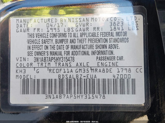 Nissan SENTRA S 2017 3N1AB7AP5HY315478 Image 9
