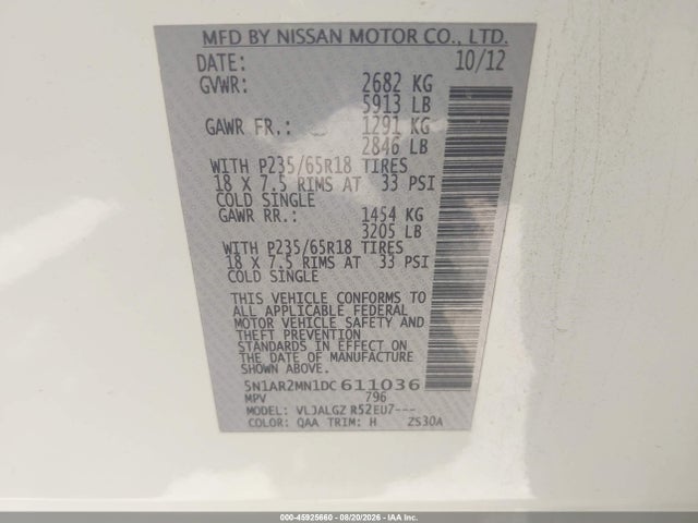 Продажа на аукционе авто 2013 Nissan Pathfinder Sl, vin: 5N1AR2MN1DC611036, номер лота: 45925660