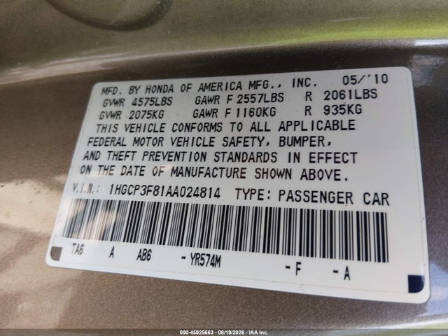 Aukcja sprzedaży 2010 Honda Accord 3.5 Ex-l, vin: 1HGCP3F81AA024814, numer aukcji: 45925663