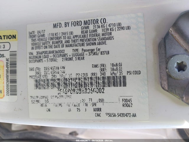 2017 Ford Fusion Hybrid Titanium მანქანა იყიდება აუქციონზე, vin: 3FA6P0RU8HR360002, აუქციონის ნომერი: 45925671