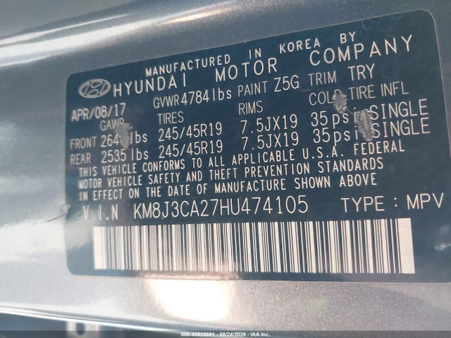 2017 Hyundai Tucson Limited მანქანა იყიდება აუქციონზე, vin: KM8J3CA27HU474105, აუქციონის ნომერი: 45925691