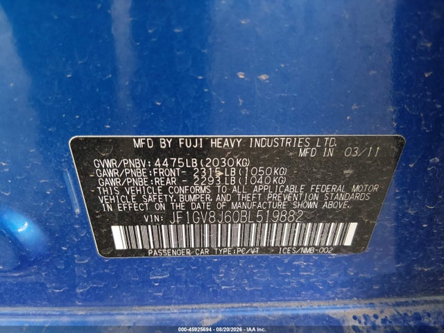 Продаж на аукціоні авто 2011 Subaru Impreza Wrx Sti, vin: JF1GV8J60BL519882, номер лоту: 45925694
