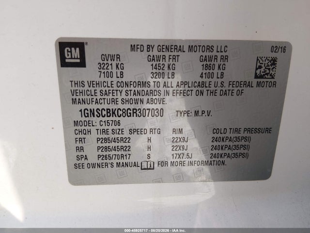 Aukcja sprzedaży 2016 Chevrolet Tahoe Lt, vin: 1GNSCBKC8GR307030, numer aukcji: 45925717