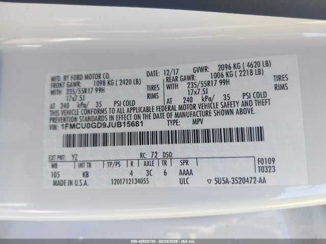 45925720 :رقم المزاد ، 1FMCU0GD9JUB15681 vin ، 2018 Ford Escape Se مزاد بيع