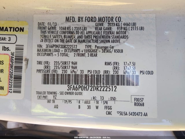 45925728 :رقم المزاد ، 3FA6P0H72DR222512 vin ، 2013 Ford Fusion Se مزاد بيع