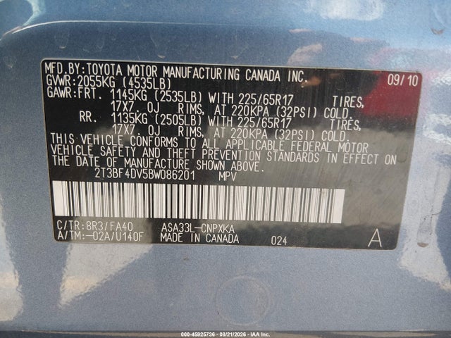 Продаж на аукціоні авто 2011 Toyota Rav4, vin: 2T3BF4DV5BW086201, номер лоту: 45925736