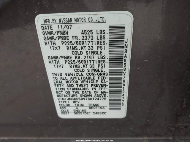 Aukcja sprzedaży 2008 Nissan Rogue Sl, vin: JN8AS58V78W124775, numer aukcji: 45925740