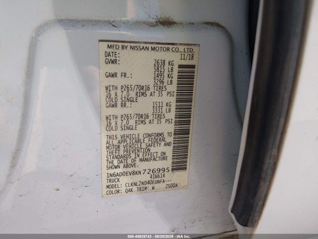 Nissan Frontier Sv 2019 1N6AD0EV8KN726995 Image 9